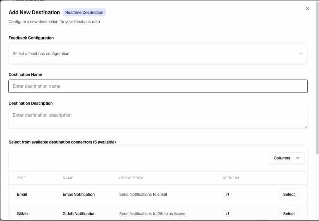 Add Destination modal with feedback configuration and connector selection