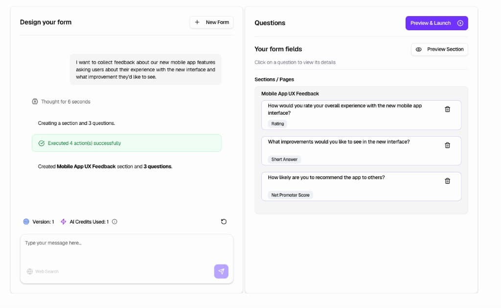 AI generated form—Design your form chat and Questions panel