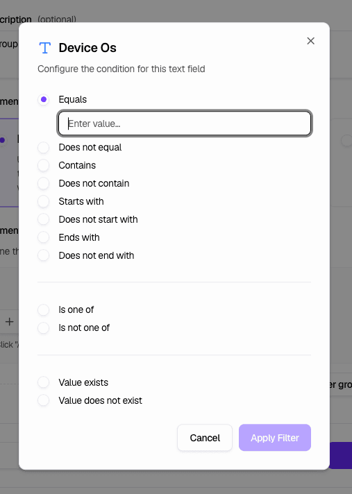 Device Os condition modal - Operators and value