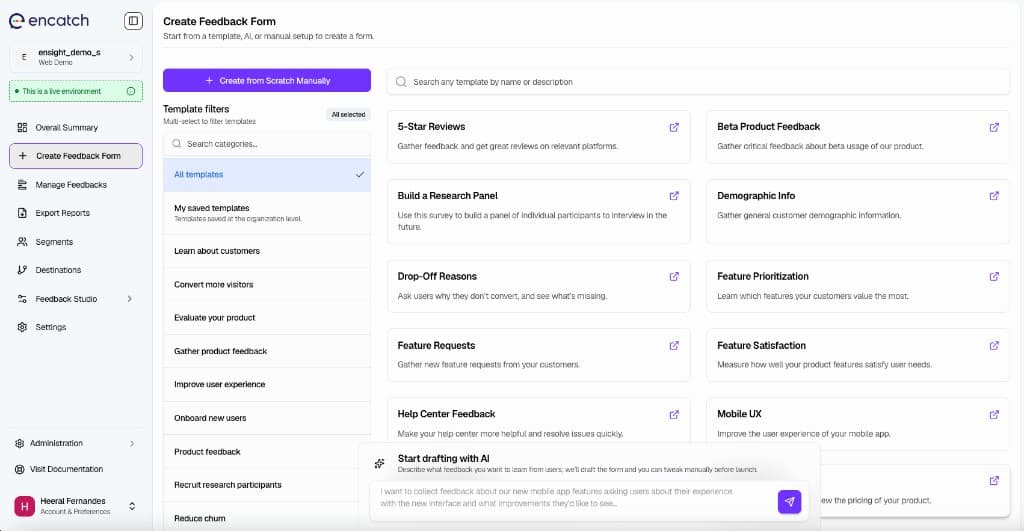 Create Feedback Form page—Create from Scratch Manually option