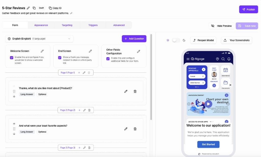 Form Builder—add questions, configure screens, and preview