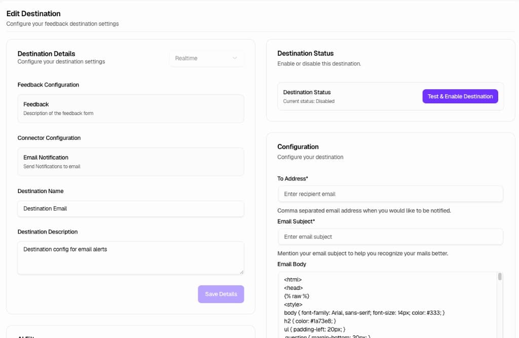 Edit Destination page with To Address, Subject, and Body configuration