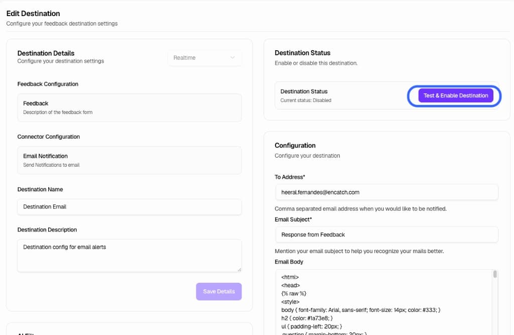 Edit Destination page with Test & Enable button