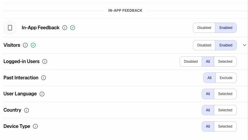 In-App Feedback targeting options