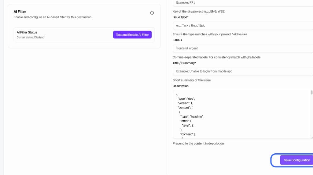 Jira configuration with project key, issue type, labels, title, and description