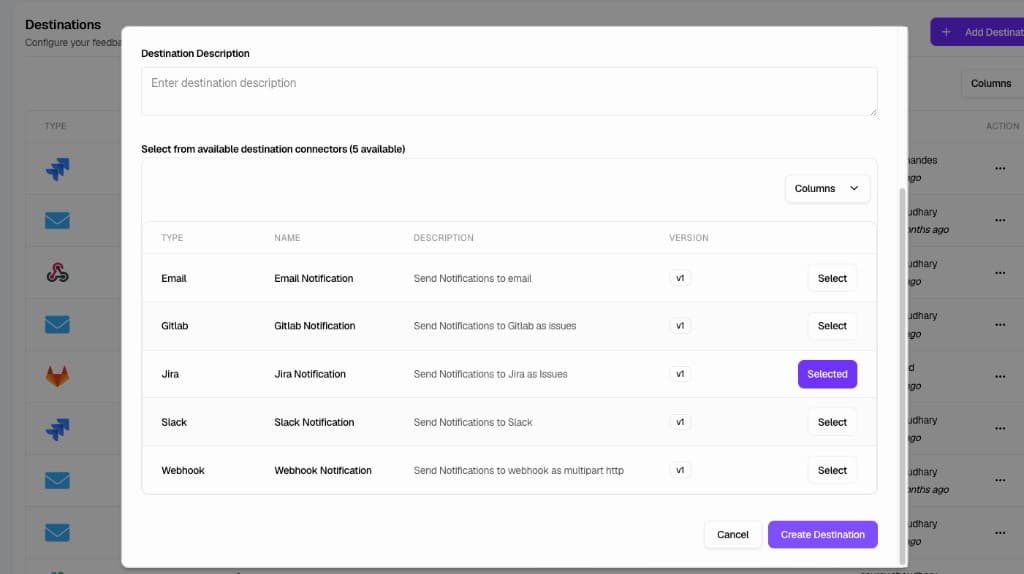 Add Destination modal with Jira Notification selected