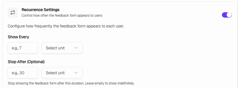 Recurrence Settings - Show every and Stop after