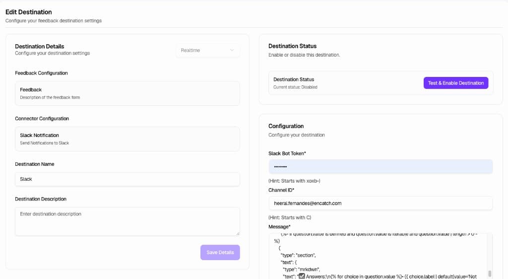 Edit Destination page for Slack configuration