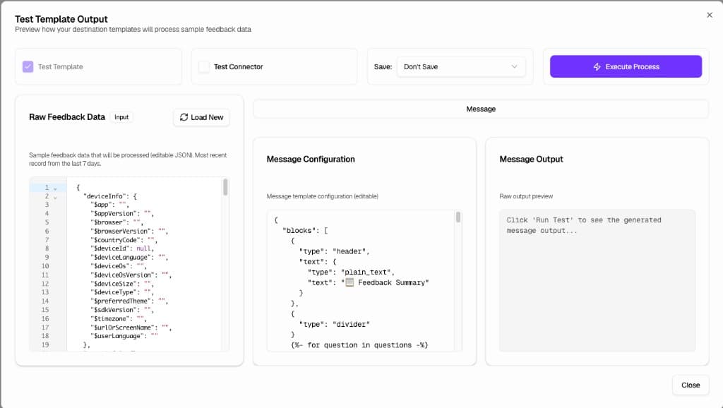 Test Template Output interface for previewing Slack message content