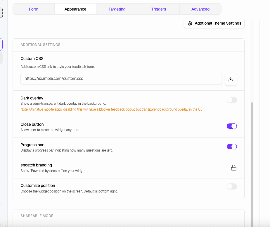 Appearance tab - Additional Settings