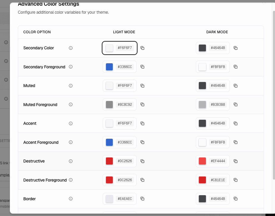 Advanced Color Settings modal