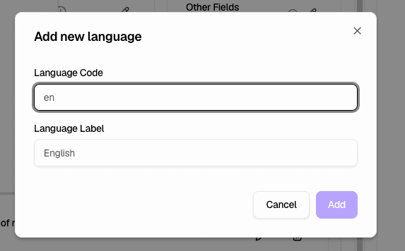 Add new language dialog