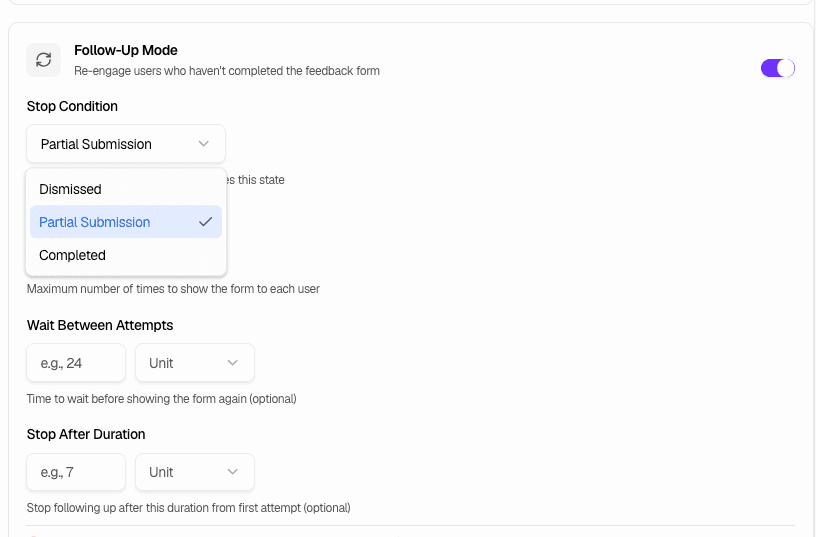 Follow-Up Mode - Stop condition options
