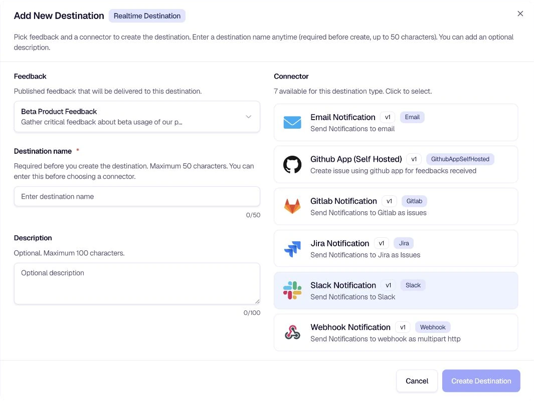 Add New Destination modal with feedback configuration and connector selection