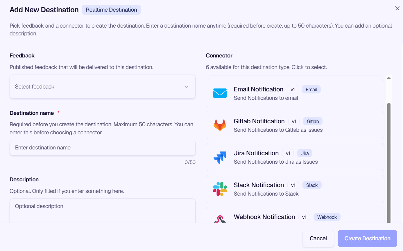 Add New Destination modal with feedback configuration and connector selection