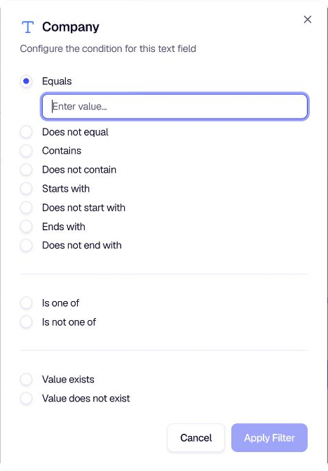 Company trait condition with text operators and value
