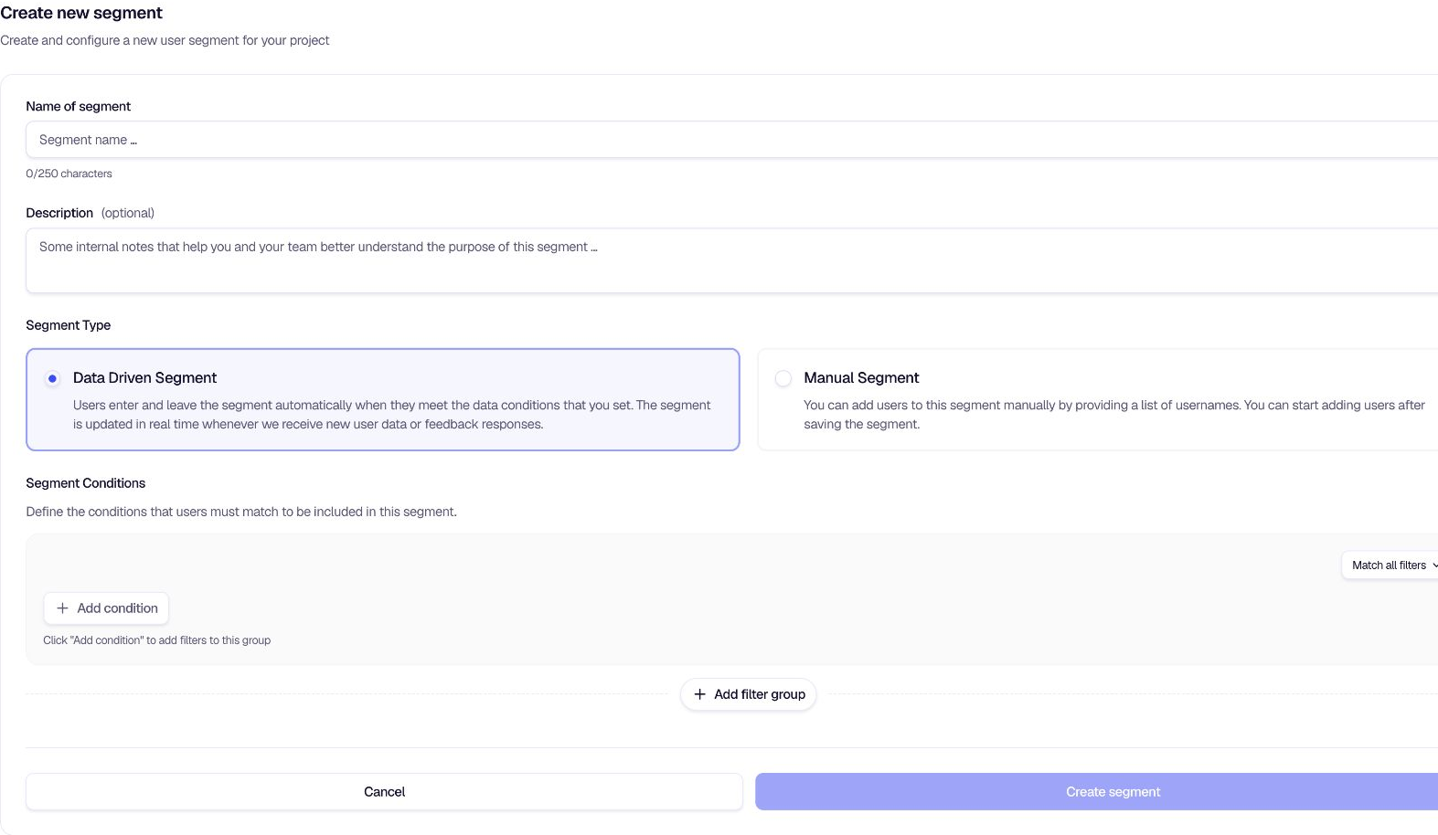 Create new segment - Name, description, and segment type