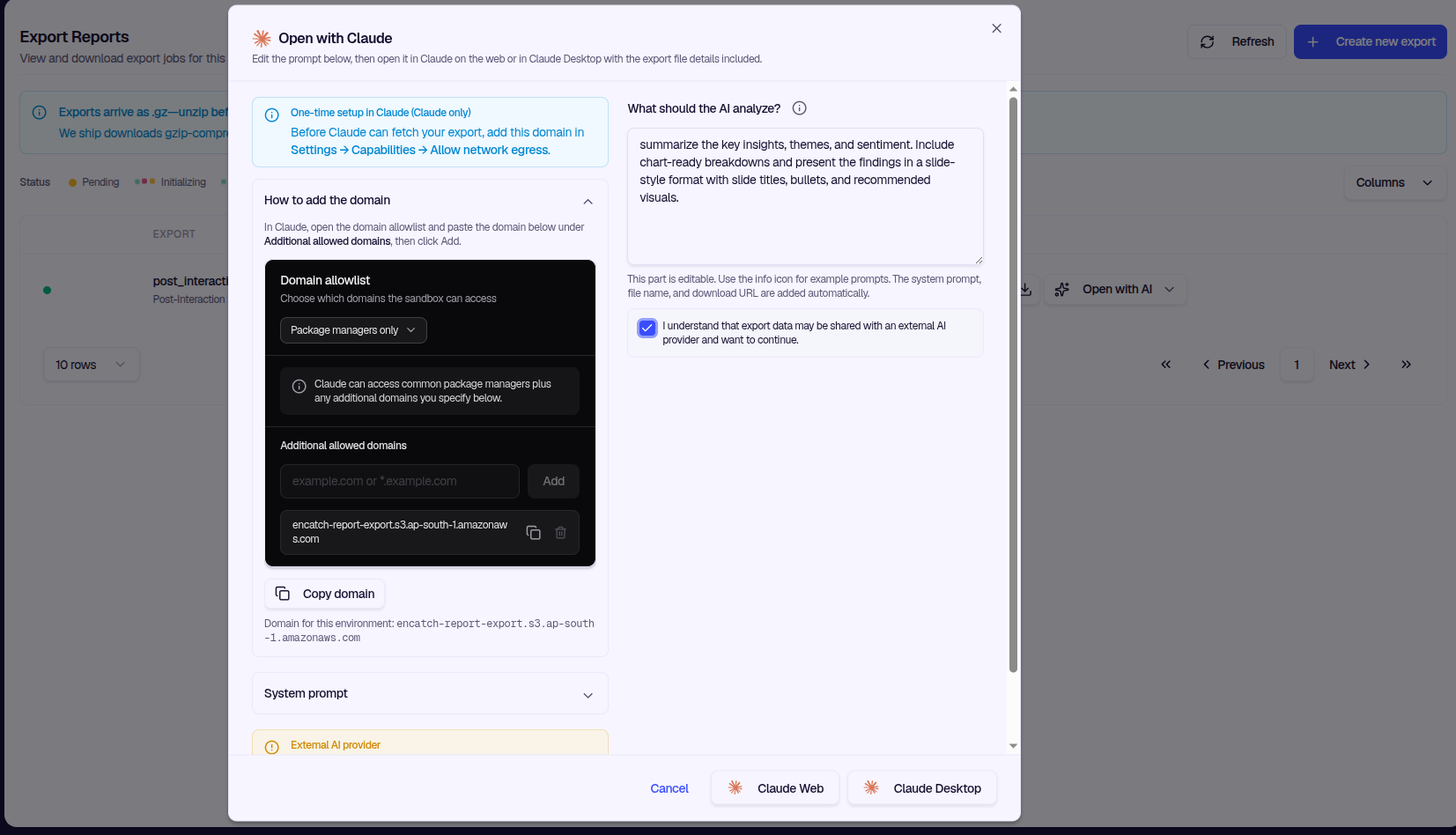 Open with Claude—prompt editor and domain setup