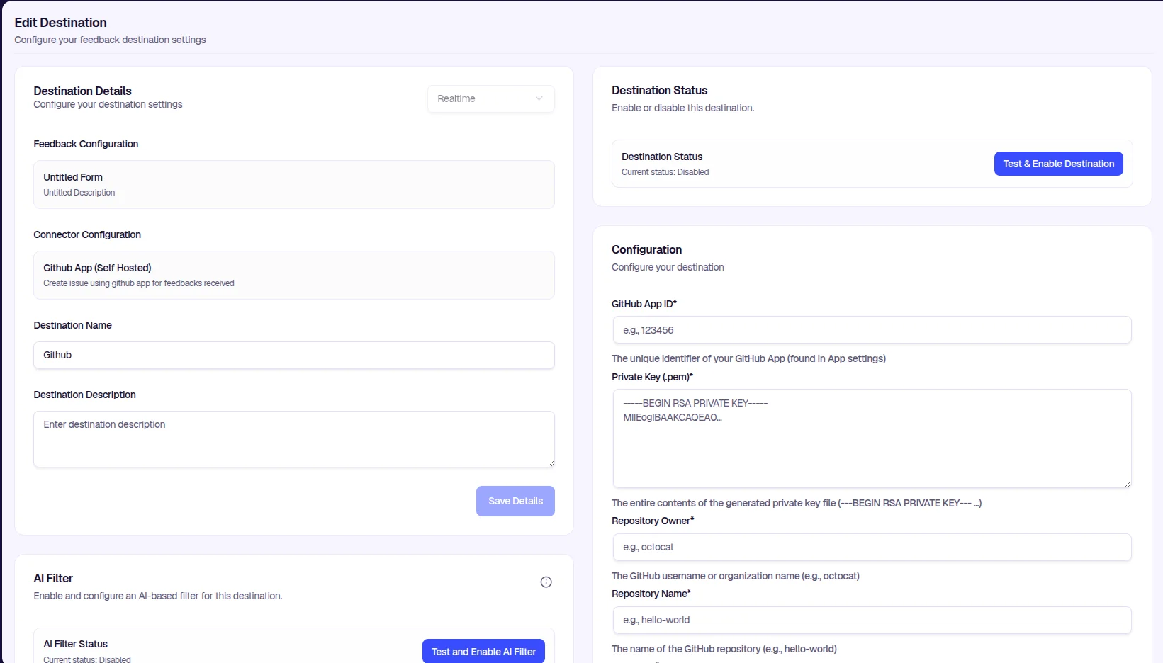 Edit Destination—Github App configuration fields