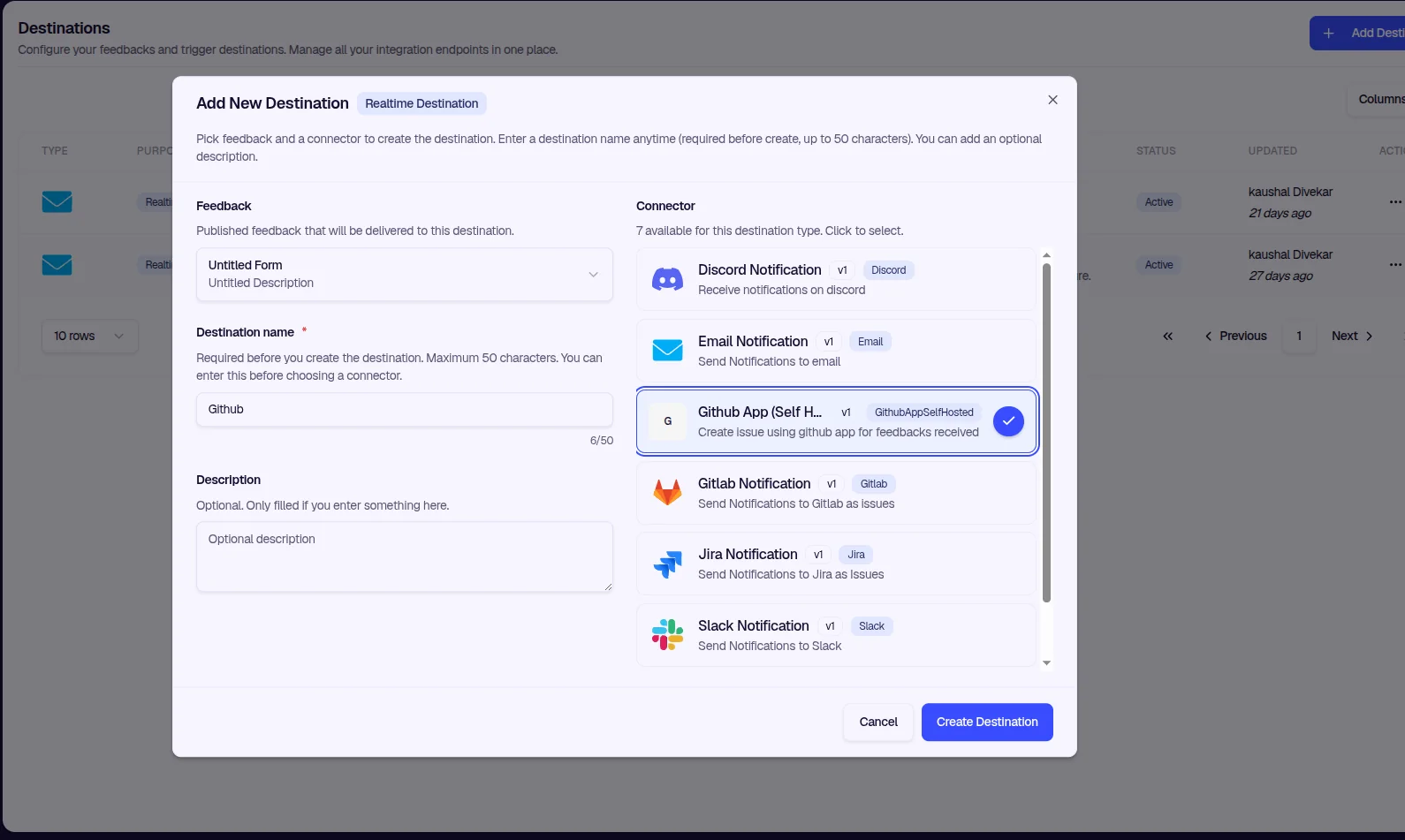 Add New Destination modal with Github App connector selected
