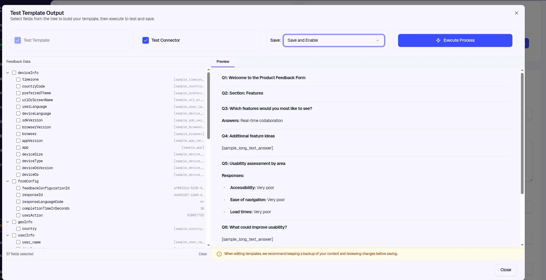 Test Template Output—select feedback fields and preview issue content