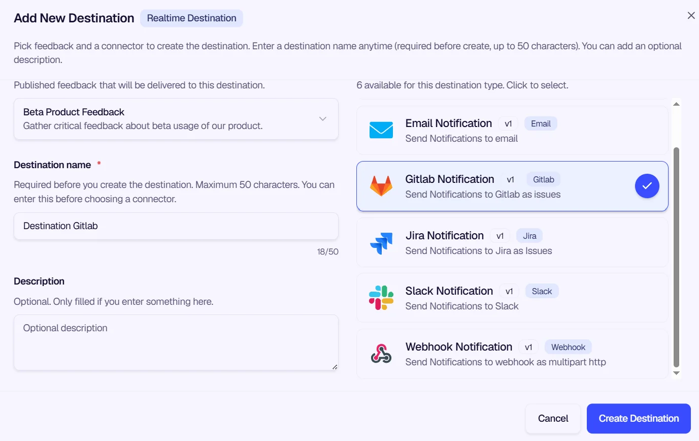 Add Destination modal with GitLab Notification selected
