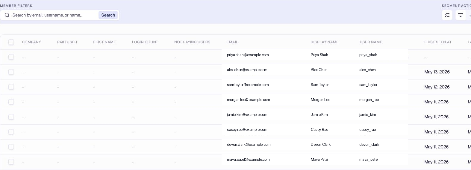 Segment members table with search and sort