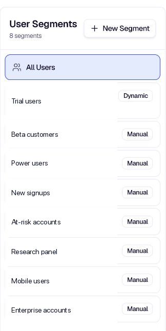 Segments list - All Users, dynamic, and manual segments