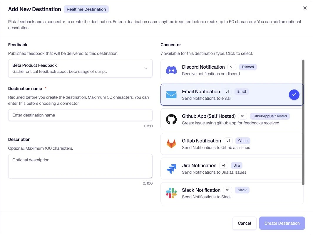 Connector list with Email Notification selected