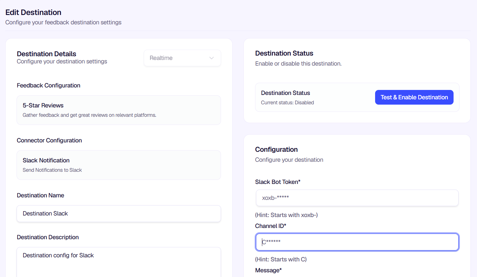 Edit Destination page for Slack configuration