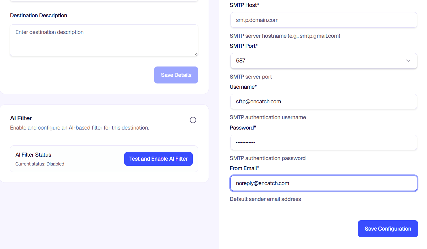 SMTP Configuration and AI Filter panels