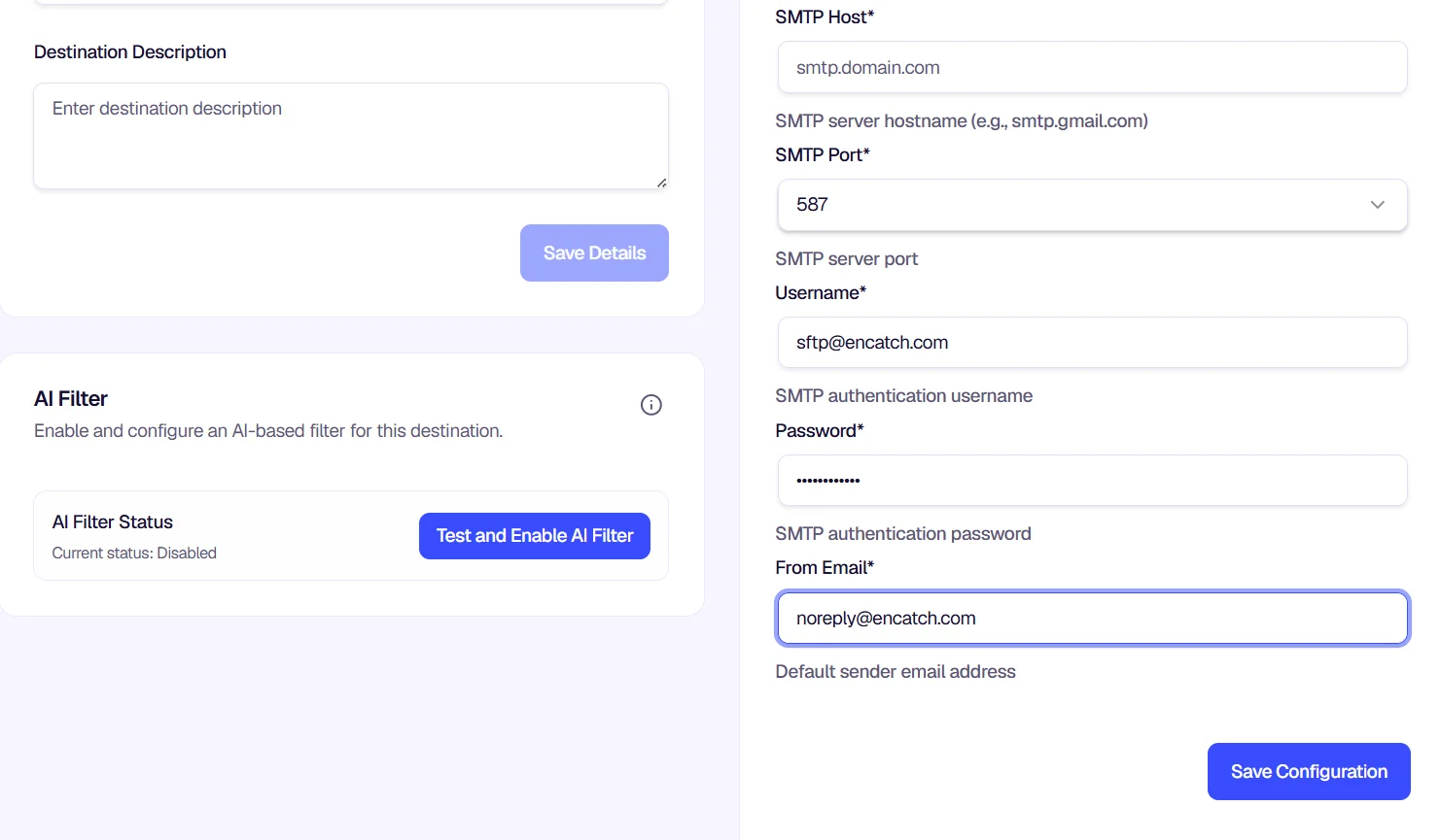 SMTP Configuration and AI Filter panels