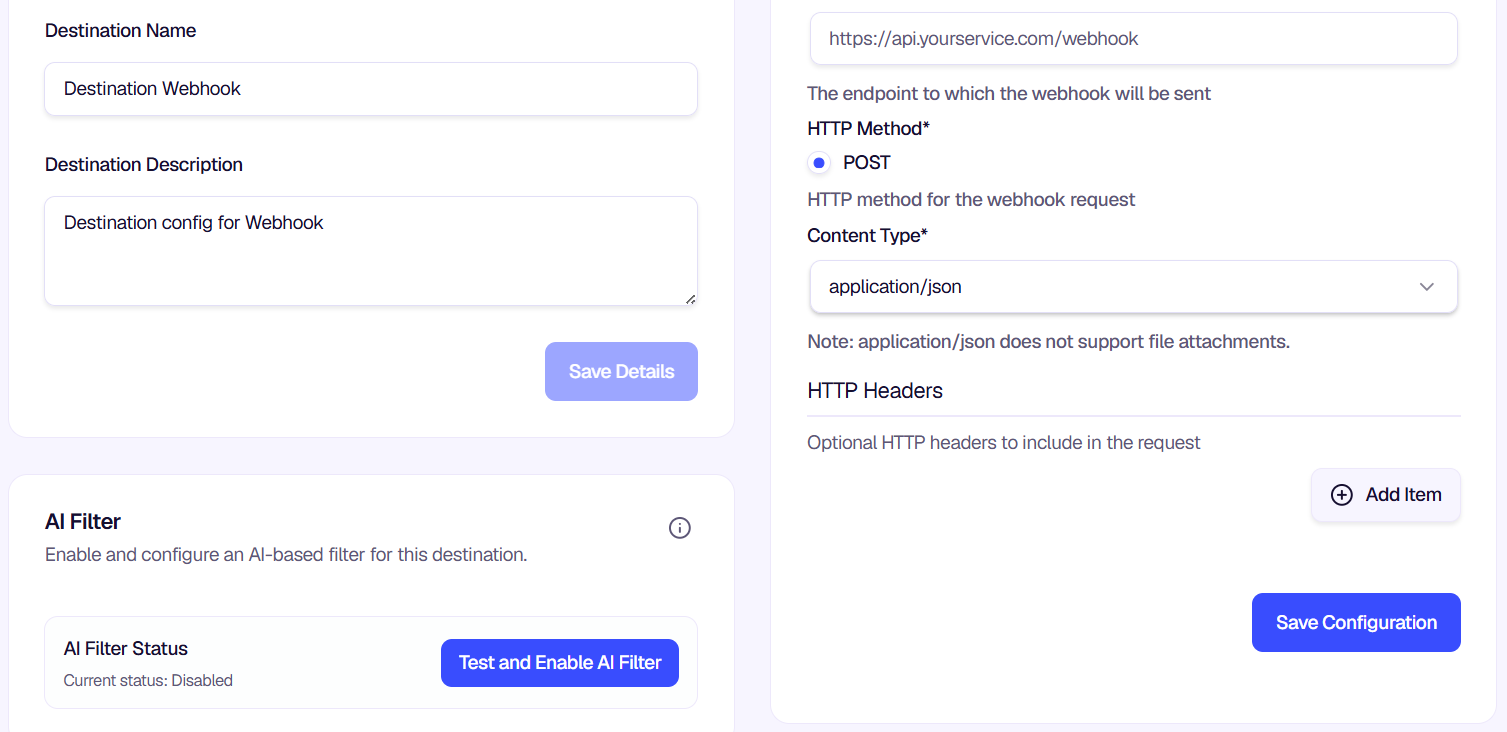 Full Edit Destination page with webhook configuration