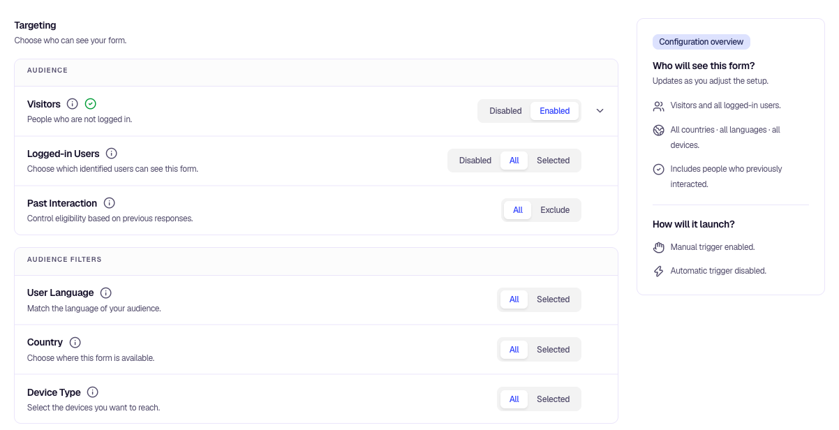 Encatch targeting settings for visitors, logged-in users, past interactions, language, country, and device type